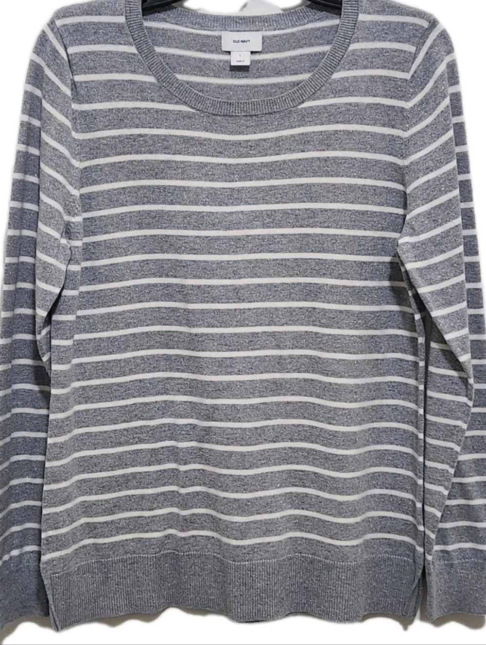 Old Navy Womens L Classic Crew Neck Sweater Gray Stripe Silver Shimmer